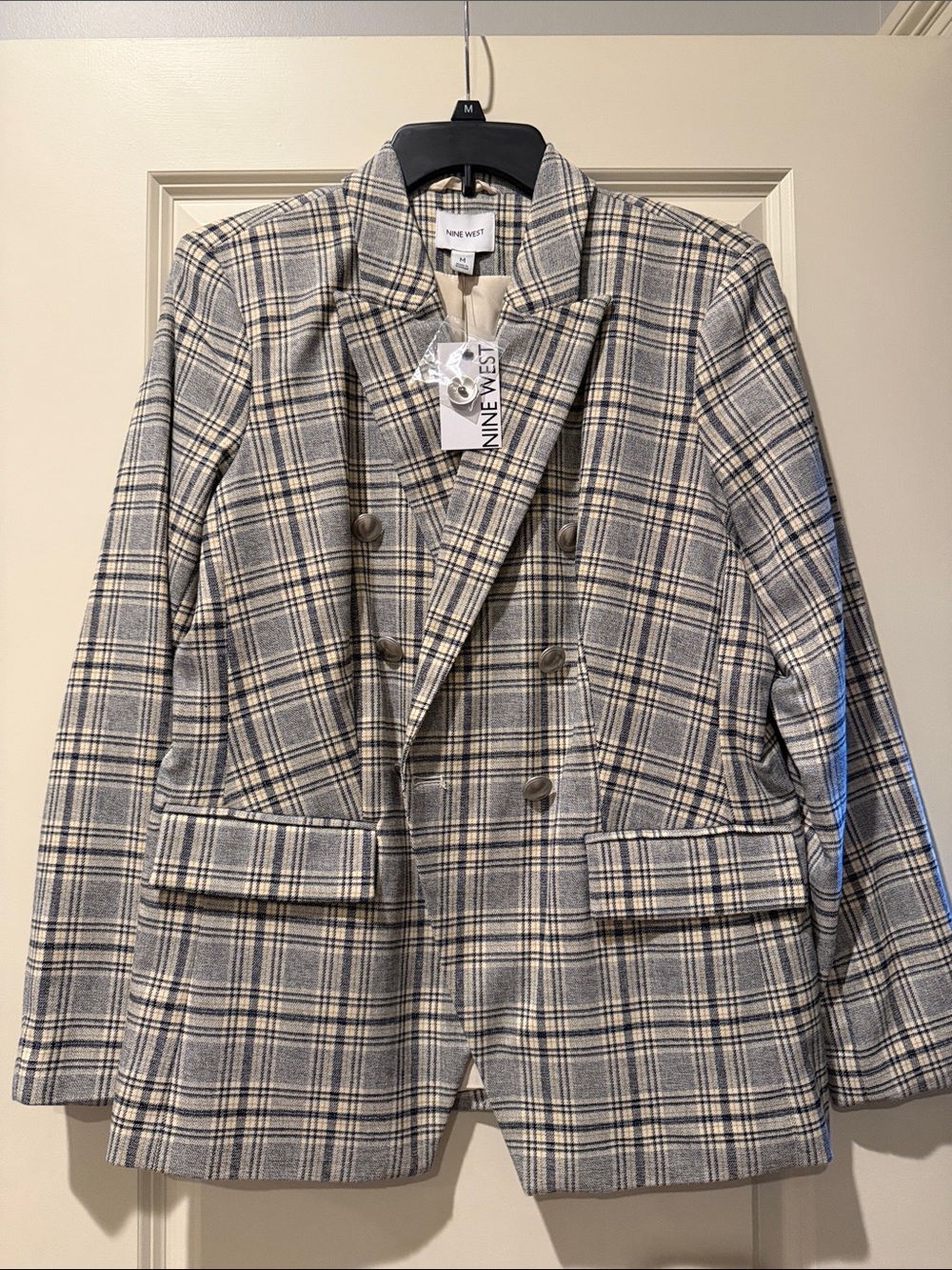 Nine West Double-Breasted Plaid Blazer in Gray and Cream